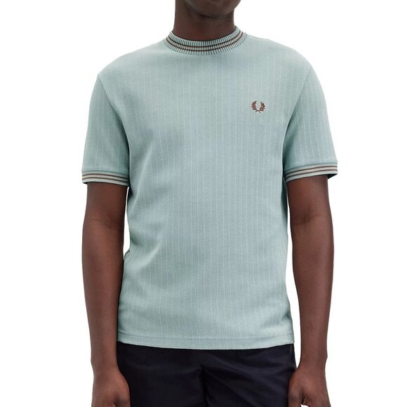 Fred Perry Men's Short Sleeve Ribbed Jersey Crew Tee Shirt M8679 Silver Blue - Picture 1 of 7